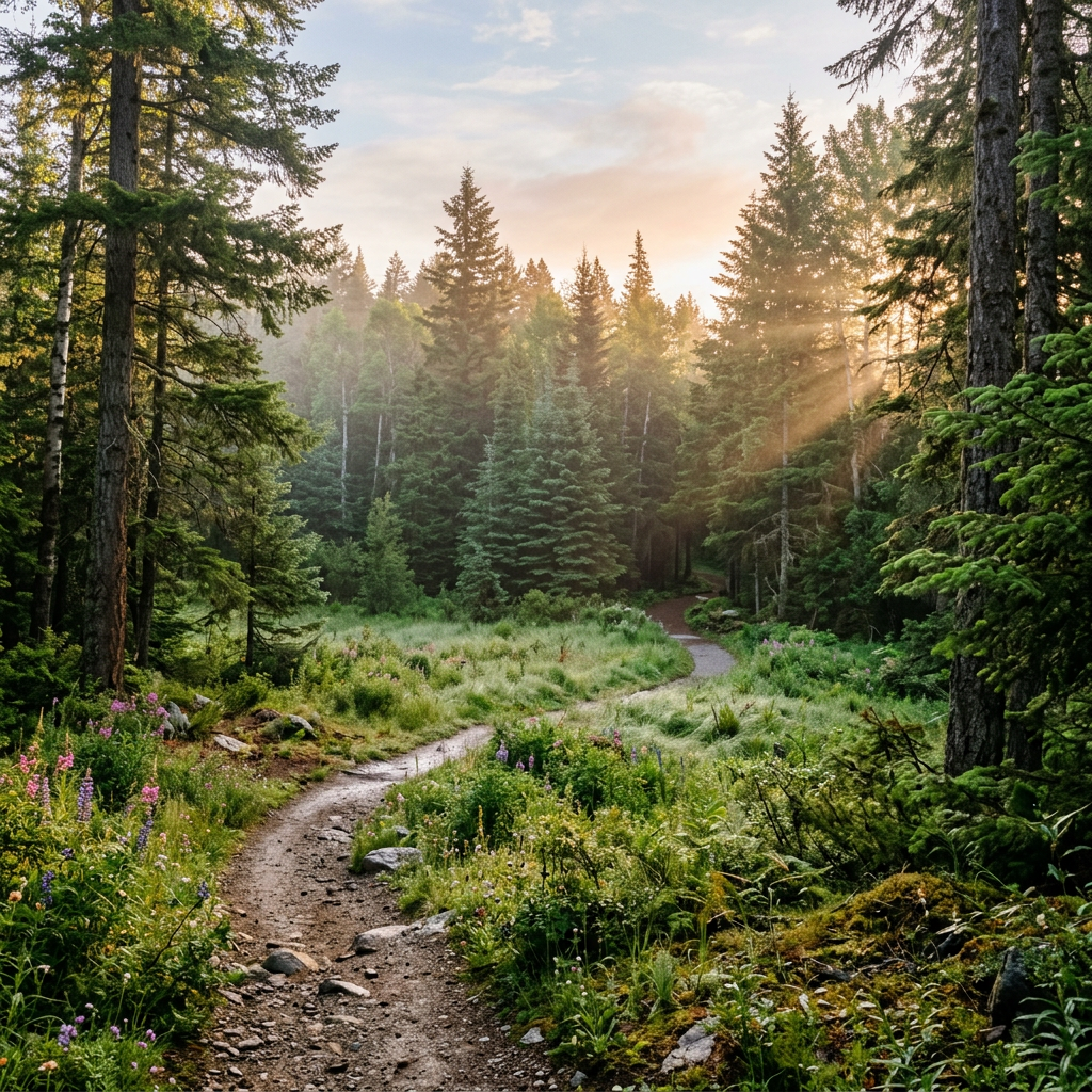 Winding dirt hiking trail through green forest with wildflowers and sunlight